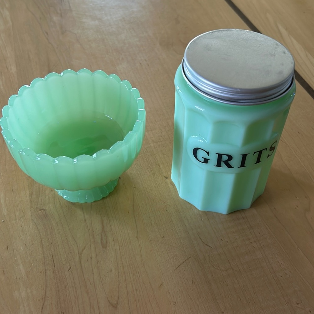 Reproduction Jadeite Grits Jar and Sherbet Dish